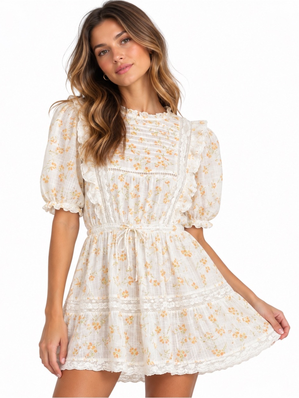 Sabo Skirt Womens Floral Mini Dress Small Ivory Lace Puff Sleeve Cottagecore Boh